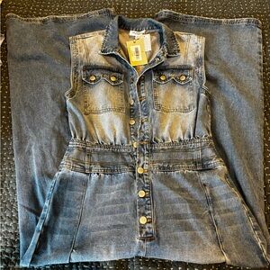 Sleeveless denim romper, size M with 30 inch inseam, wide legs, fitted at waist